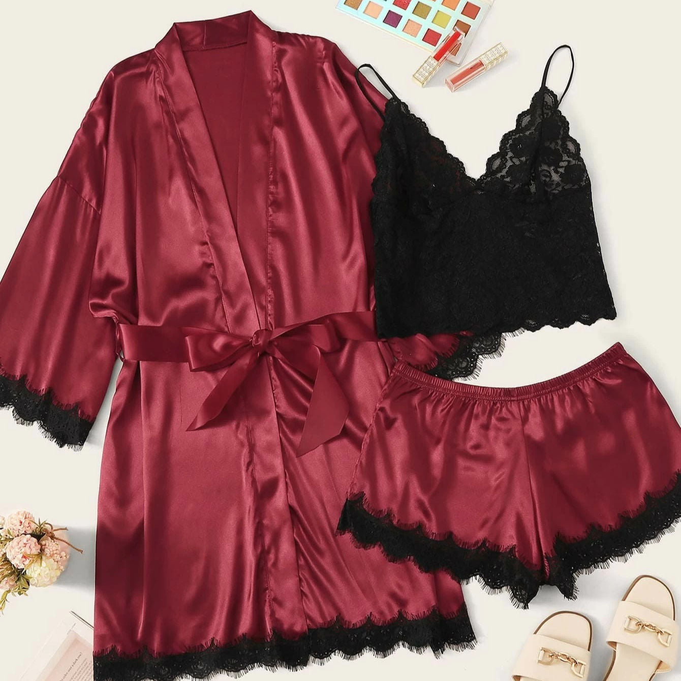 Bossman High Quality Women's 3pcs Satin Sleepwear Floral Lace Trim Cami Top and Shorts Pajama Sexy Women three Piece Pajamas Set