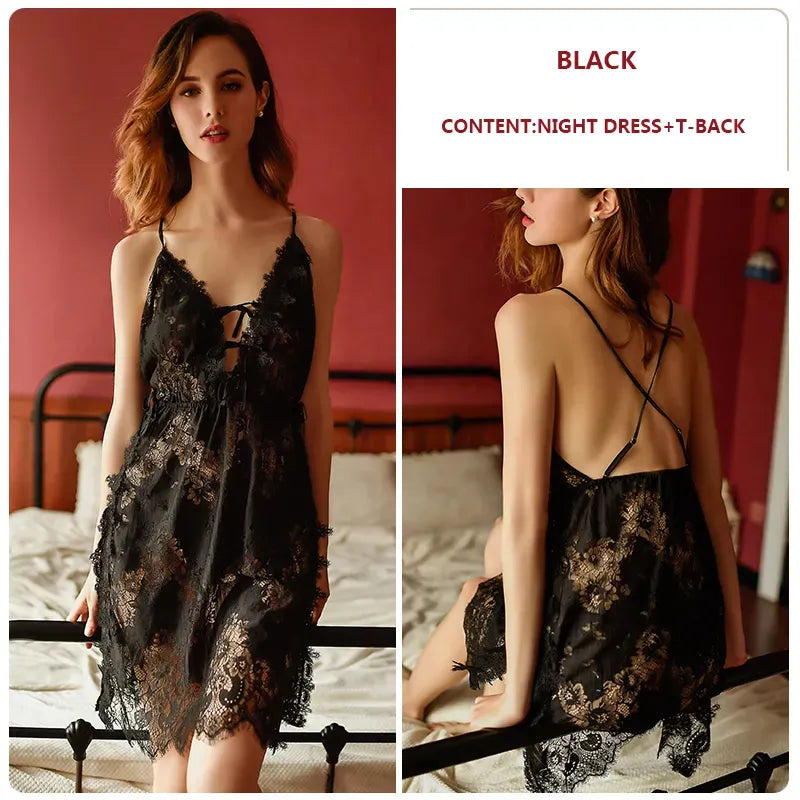 BOSSMAN Hot Sale Euro-america Women Transparent Floral Lace Slips Chemise And Thong Sexy Nighties