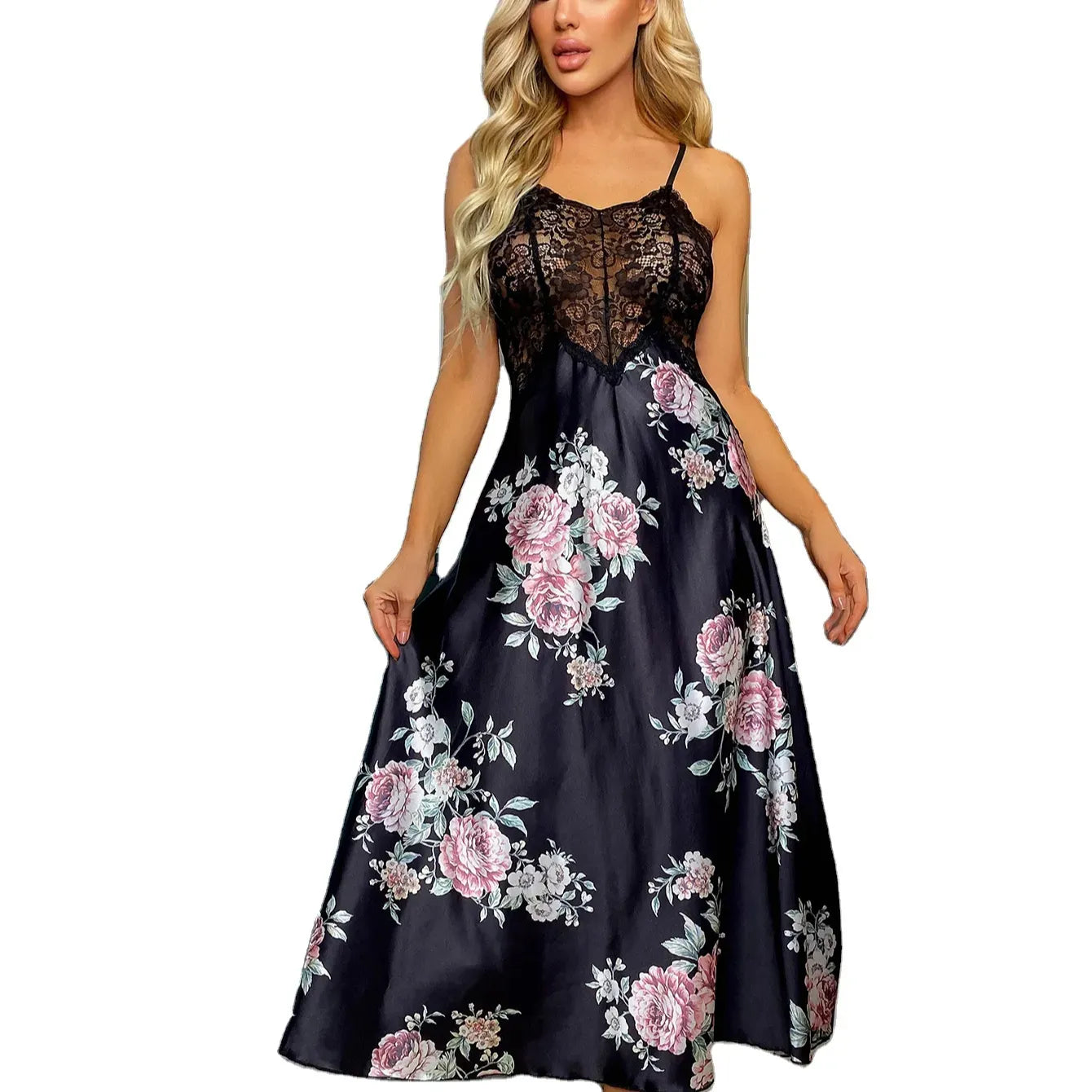 Bossman Ladies luxurious sexy silk satin black lace pajamas satin floral night dress elegant luxury satin black pajamas