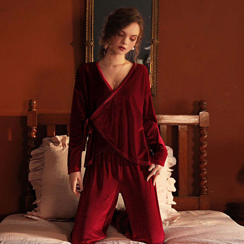 Two pieces new women lingerie RED velvet pajamas sexy V neck long sleeve and pajama trousers homewear suits casual pants sets