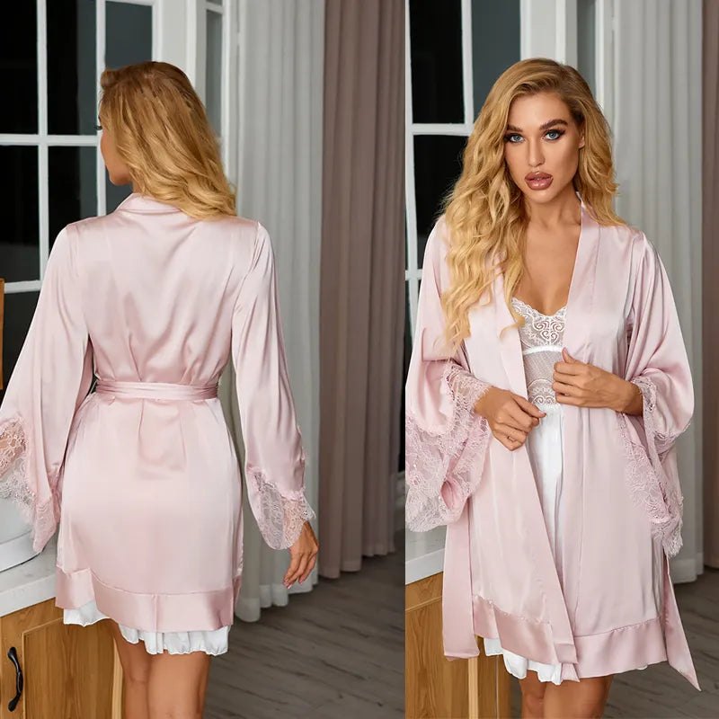 Bossman Hot Sale Lounge Wear Women Long Sleeve Lace Patchwork Satin Bathing Robe