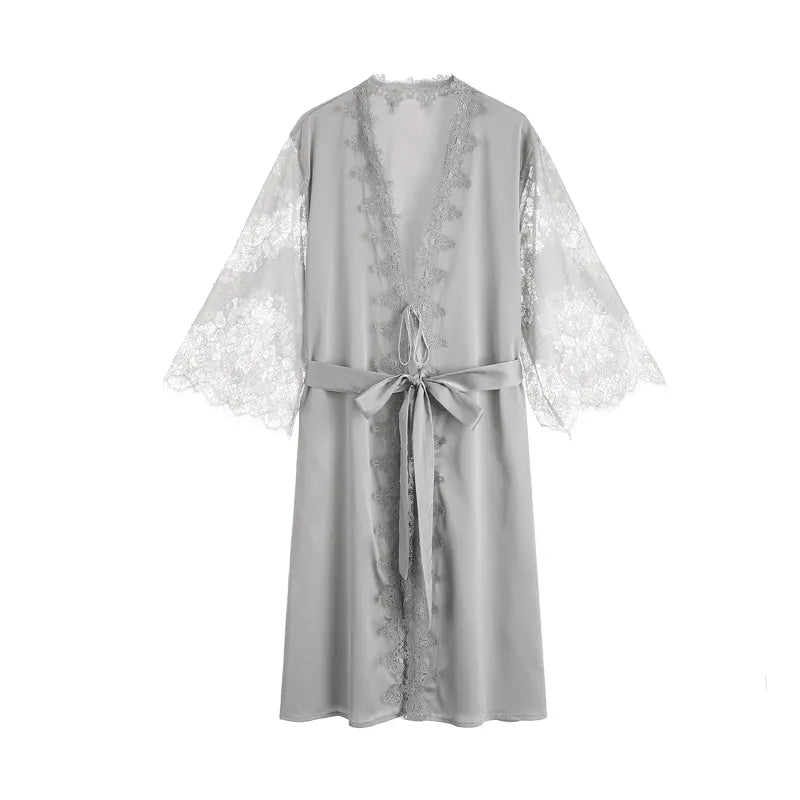 Bossman Hot Euro-american Luxury Sleepwear Women Eyelash Lace Sleeve Patchwork Silk Satin Night Robe
