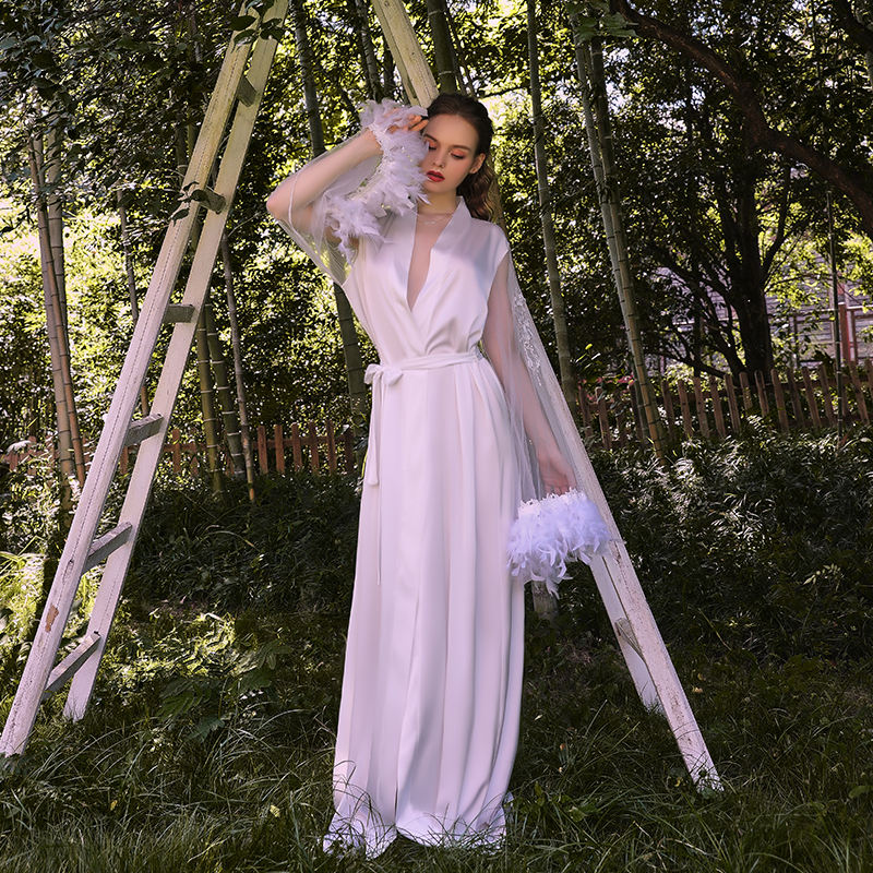 Bossman Hot Women Sleepwear lounge wear Belt Long Robe Silk Feather Luxury Night Gown