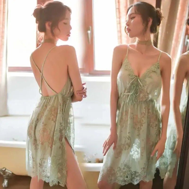 BOSSMAN Hot Sale Euro-america Women Transparent Floral Lace Slips Chemise And Thong Sexy Nighties