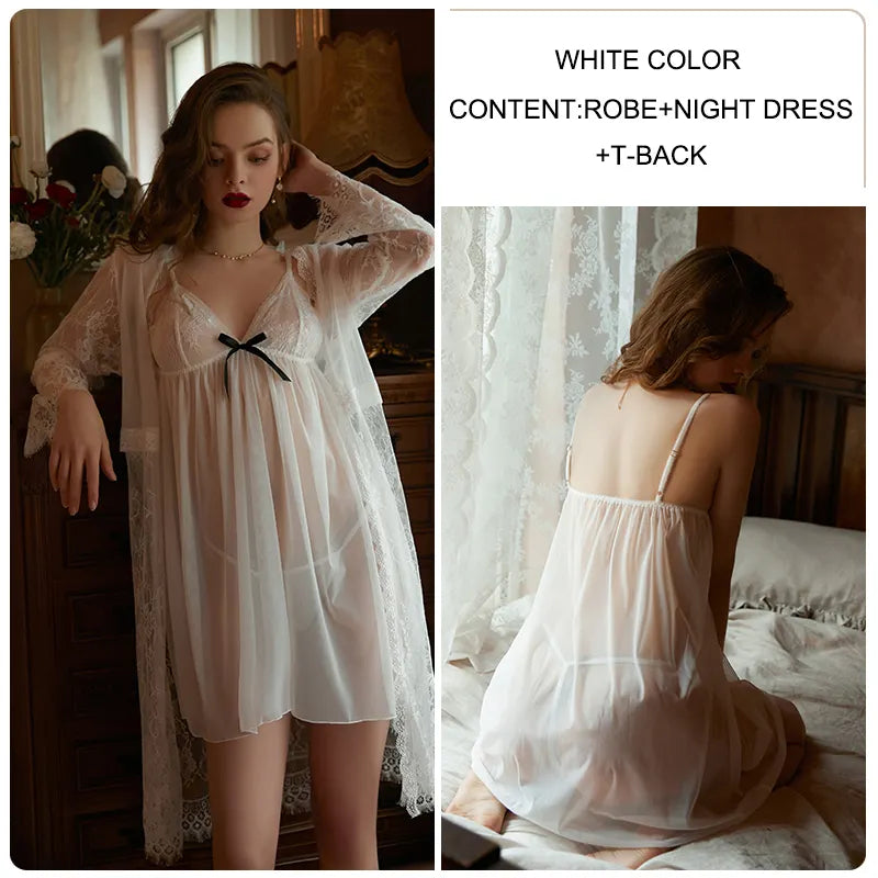 Valentine's Day women sexy night wear sheer lace slip dress belt robe and thong three pieces lounge wear