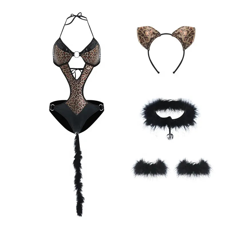 Bossman Leopard Leather Plush Bodysuit Cosplay Pussy adult toys Cat Costume women private label leopard lingerie