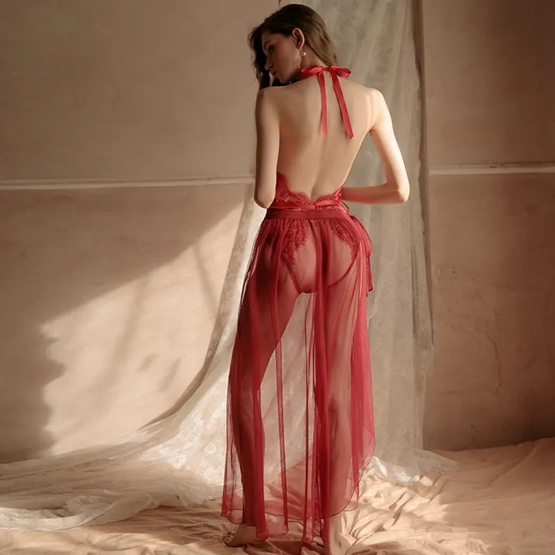 Women Erotic Lingerie Floral Lace Open Crotch Teddy And Sheer Mesh Skirt Sexy Nighties Women Evening Dress
