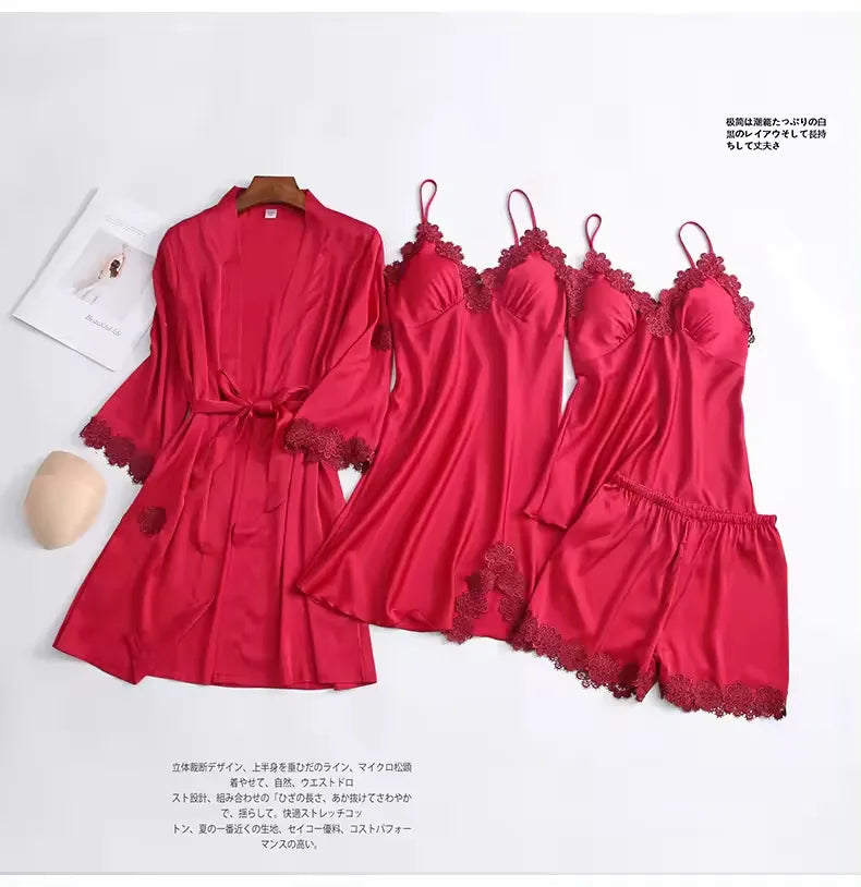 Women's Sexy Underwear xxl-xxl-xxl ladies Four Pieces Sexy Lace Sleepwear Elegant charming Silk Satin Pajamas Set pijamas woman