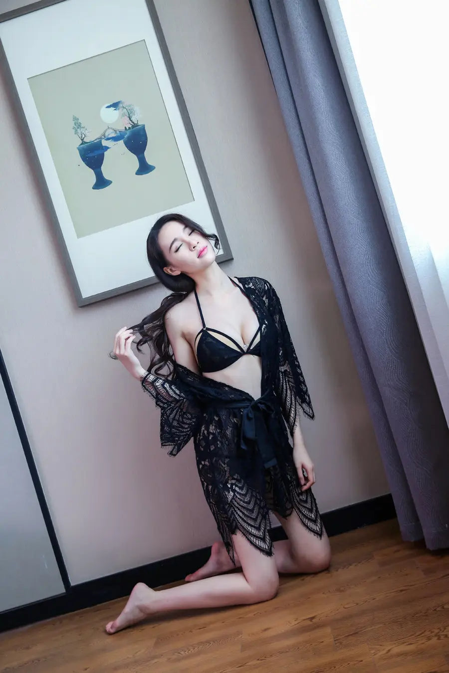 Sexy Lace Hollow Out Transparent Wave Condole Belt Sexy Underwear Pyjamas Nightgown Three-point Type Household Nightgown