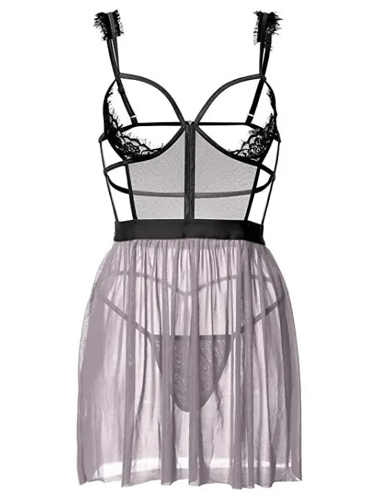 Sexy Mature Lady Net Yarn Perspective Garter With Leaky Back Nightdress For Woman