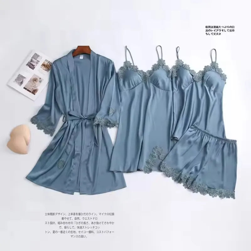 Women's Sexy Underwear xxl-xxl-xxl ladies Four Pieces Sexy Lace Sleepwear Elegant charming Silk Satin Pajamas Set pijamas woman