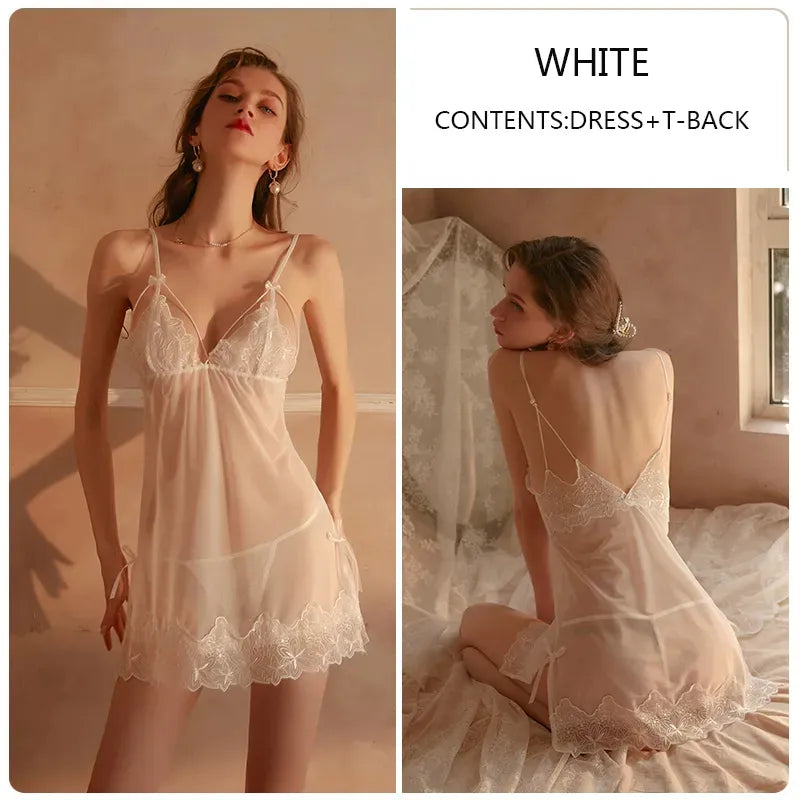 BOSSMAN Hot Lace Night Dress Baby doll Chemise Women hollow see through Sexy Sleepwear
