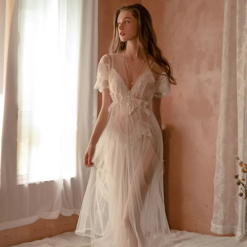 Bossm hot sale pure bridal honeymoon set sexy sheer lace robe with long lace backless dress lingeries womens sexy underwear