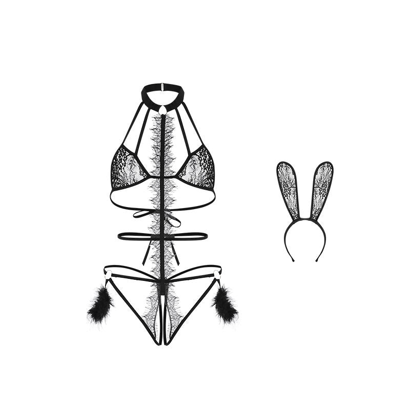 Bossman lace mesh three-point split crotch role play rabbit bunny girl lingerie set 1681