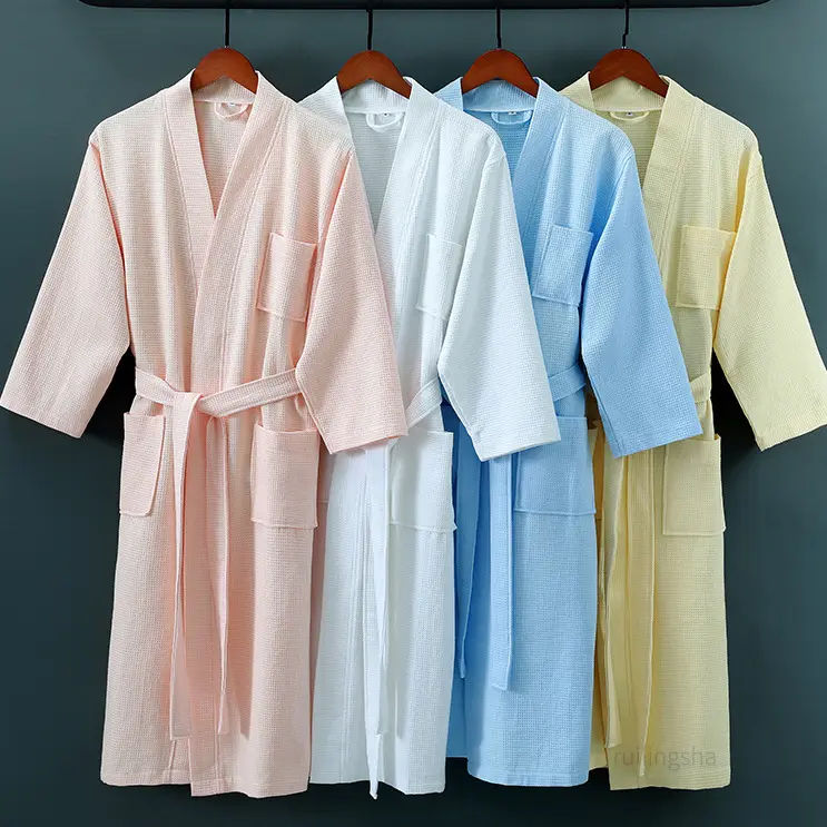 Bossman luxury waffle robe white cotton kimono spa waffle bathrobe
