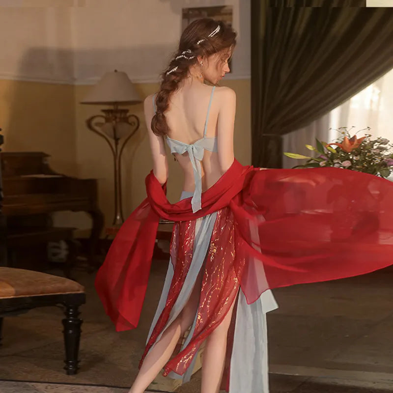 Bossman New Sexy Underwear Mesh Perspective Sexy Waist Lacing Up Antique Hanfu Bed Uniform Set