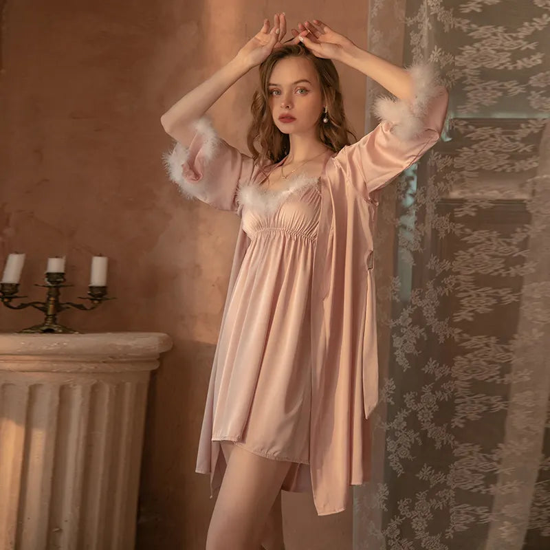 Bossman Hot French Romantic Feather Silk Satin Fashion Women's Sleepwear