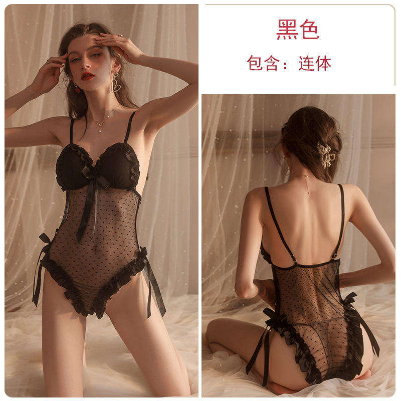 BSM2138 Sexy Underwear Small Chest Pajamas With Chest Pad Open Onesie Mesh Lace-up Uniform Set