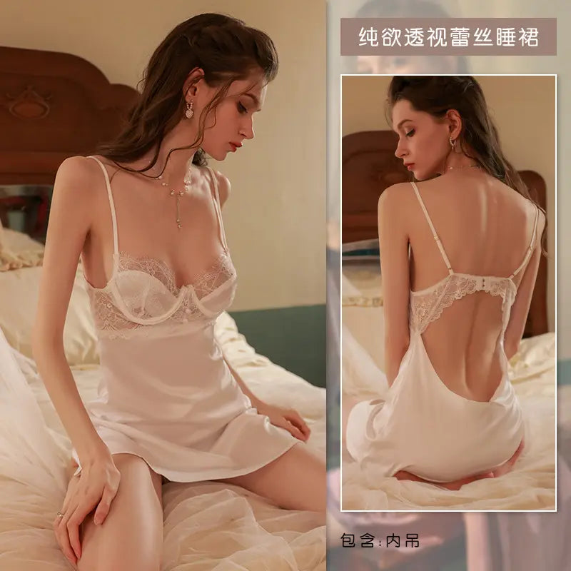 3047 Summer new pure desire suspenders nightdress small breast steel support gathered women's home dress lace sexy