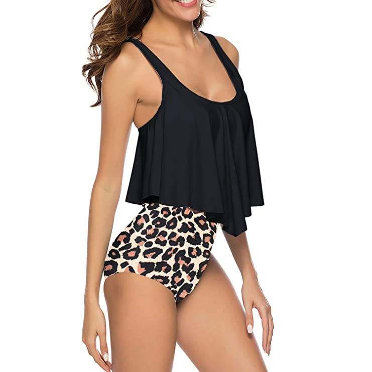 Swimsuits For Women Two Piece Bathing Suits Ruffled Flounce Top With High Waisted Bottom Plus Size Bikini