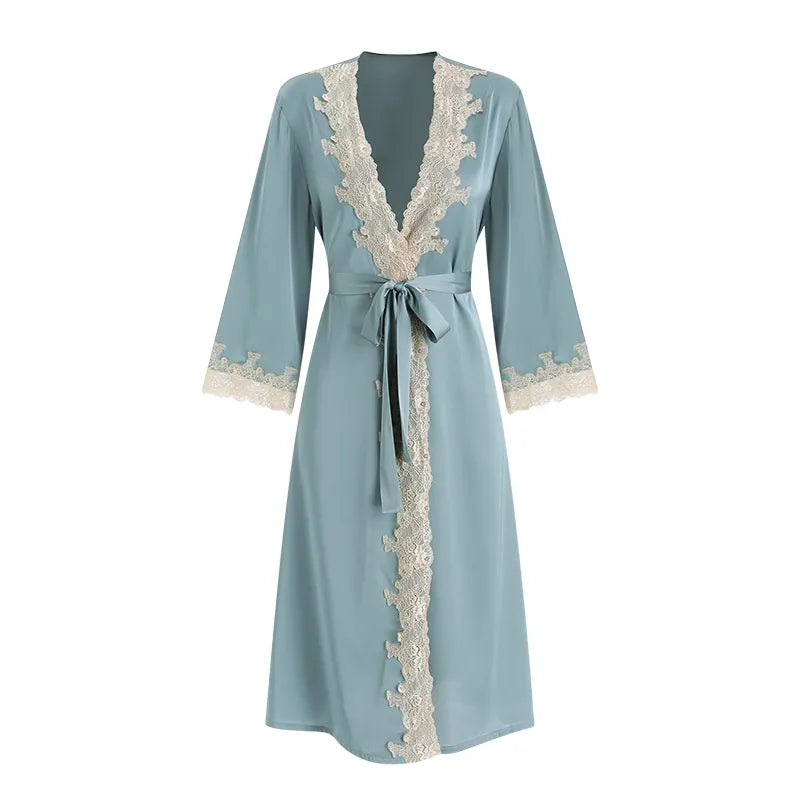 BOSMAY belt robe lady's kimono long sleeve lace women's sexy sleepwears Valentines day gift