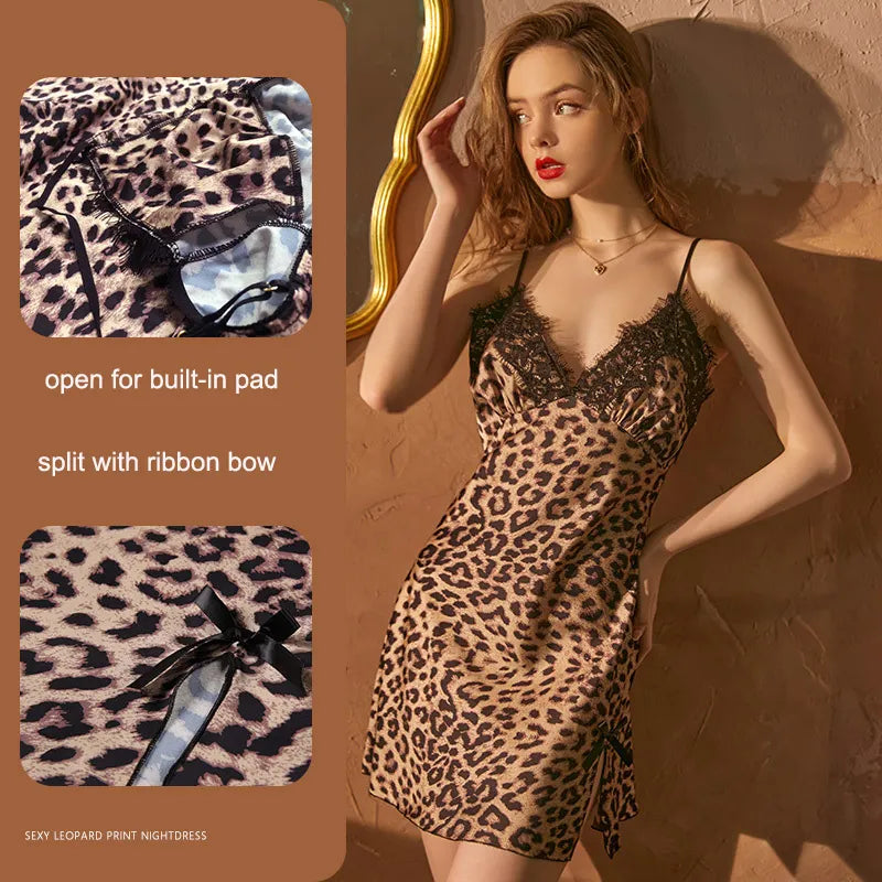 Bossman High Quality Sleepwear Night Gown For Women Super Soft Leopard Printing Imitated Silk Satin Patchwork Lace Night Dress