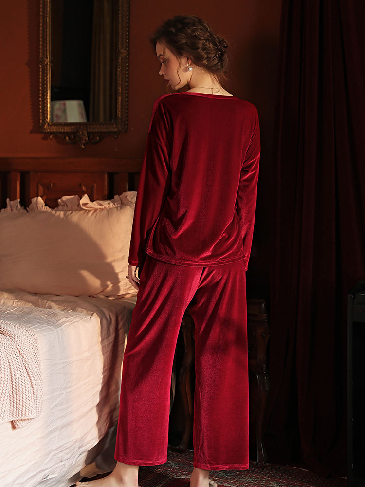 Two pieces new women lingerie RED velvet pajamas sexy V neck long sleeve and pajama trousers homewear suits casual pants sets