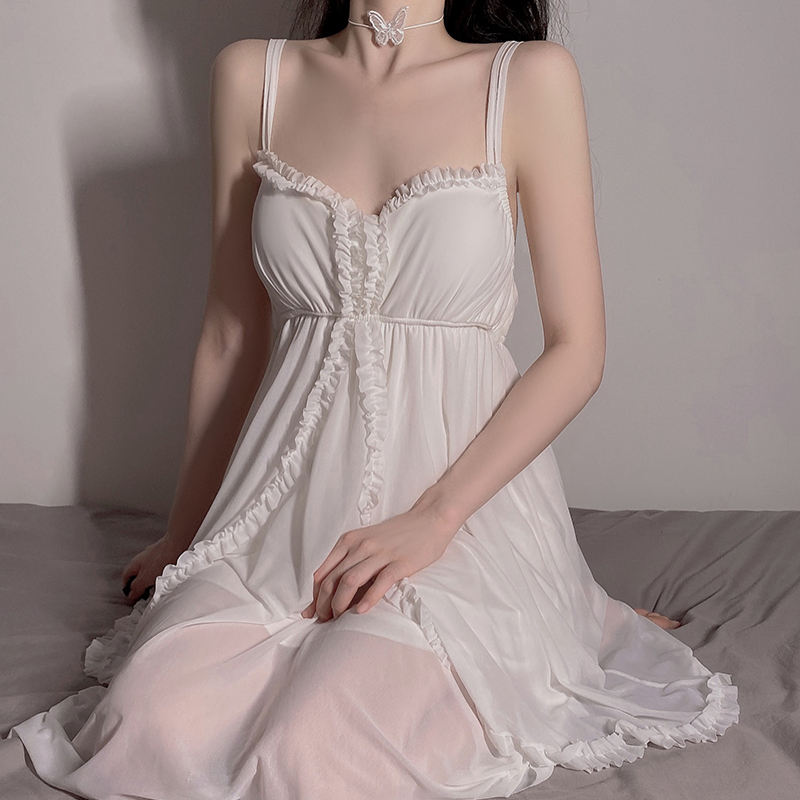 Bossman hot sale light luxury sleepwear women white flounce trim sweet pajama night dress