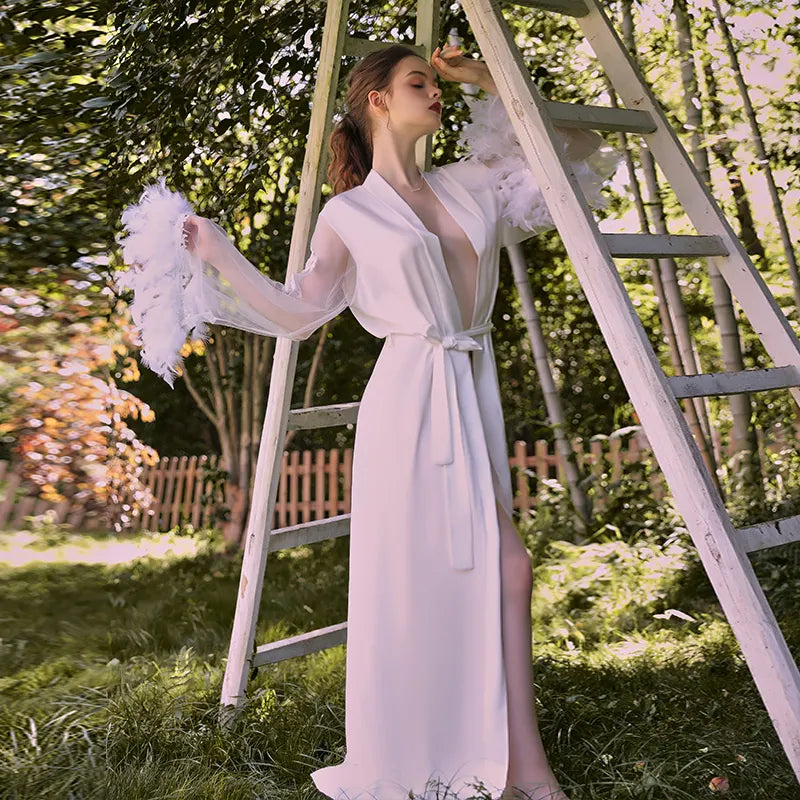 Bossman Hot Women Sleepwear lounge wear Belt Long Robe Silk Feather Luxury Night Gown