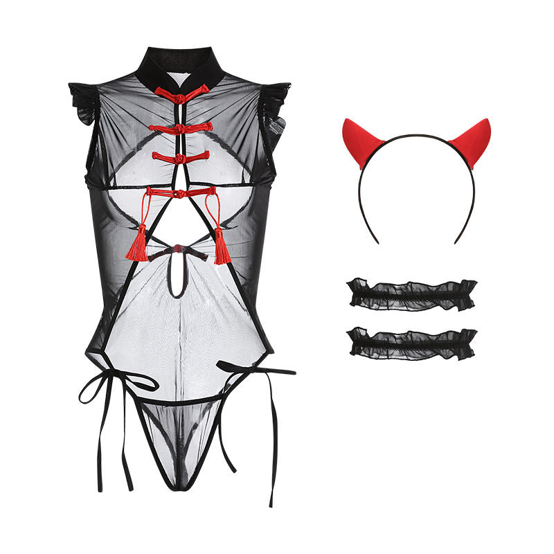 Bossman Cosplay Little Devil Lingerie Suit Retro Tassel Hollow Out Bodysuit Sexy Costumes