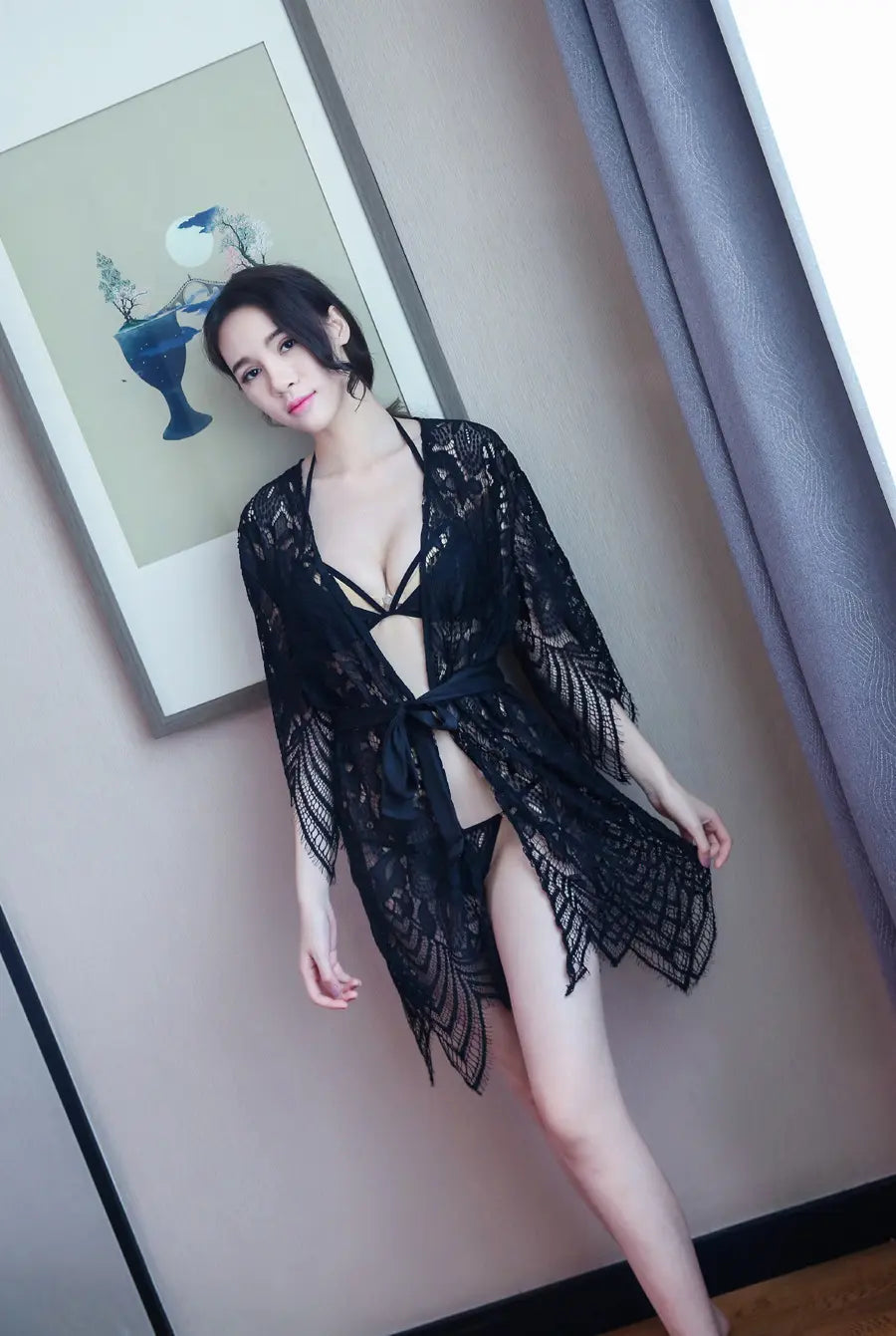 Sexy Lace Hollow Out Transparent Wave Condole Belt Sexy Underwear Pyjamas Nightgown Three-point Type Household Nightgown