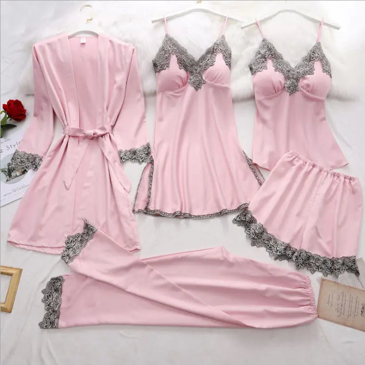 Bossman Five Pieces Women Satin Lace Mesh Sleepwear Homewear Nightwear Pyjamas Set Leisure Wear Sleepwear