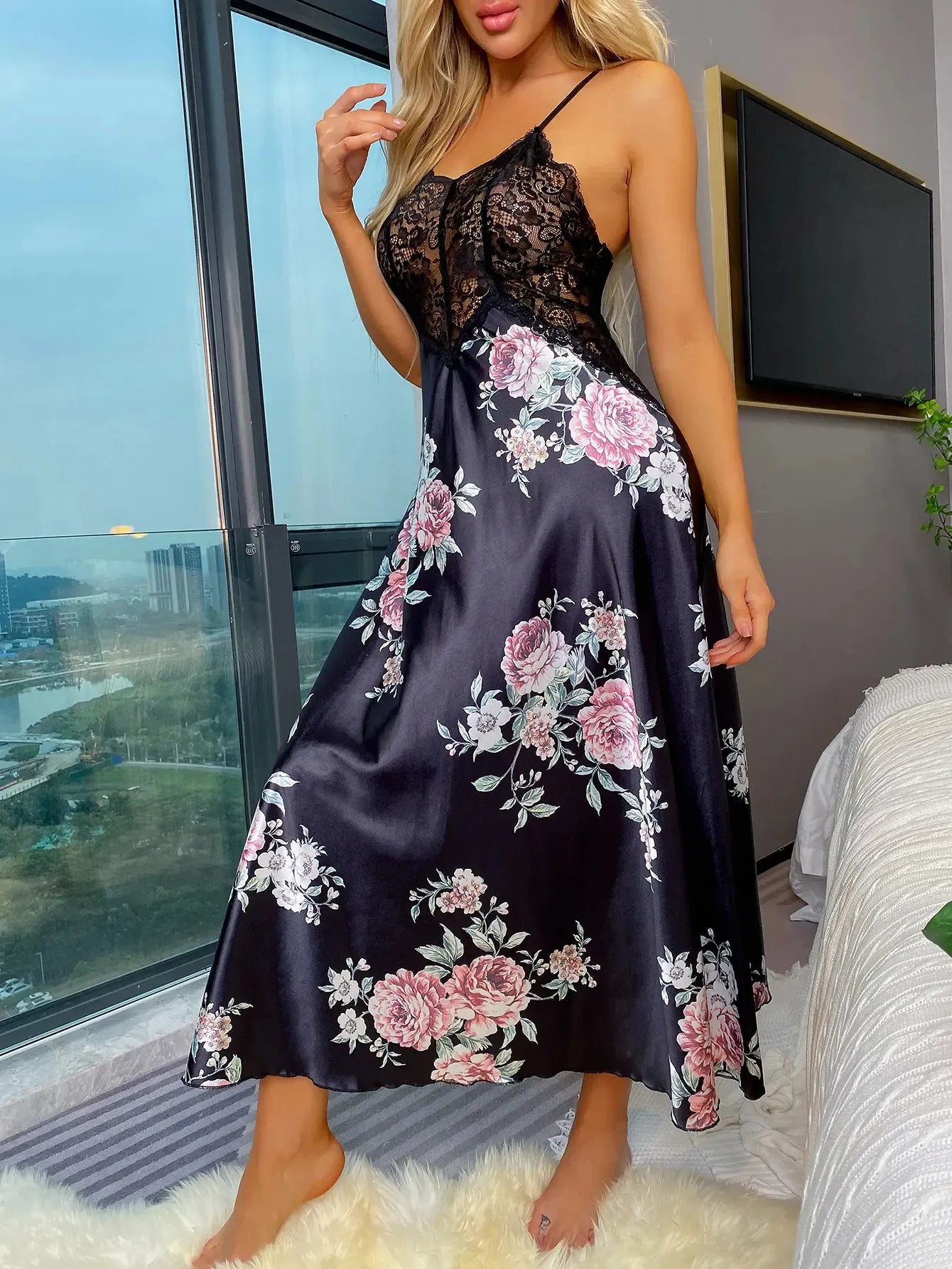 Bossman Ladies luxurious sexy silk satin black lace pajamas satin floral night dress elegant luxury satin black pajamas