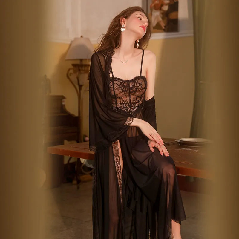Bossman Sexy Underwear Sexy Lace Perspective Seduction Comfortable Pure Desire Halter Nightdress Robe Uniform Set