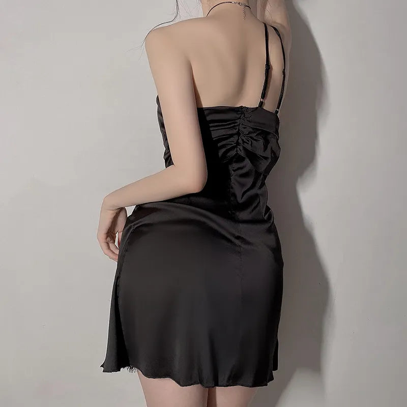 Bossman Gr1211 Sexy Solid One-shoulder Strap Nightgown Women's Silk Patchwork Lace Lounge Wear