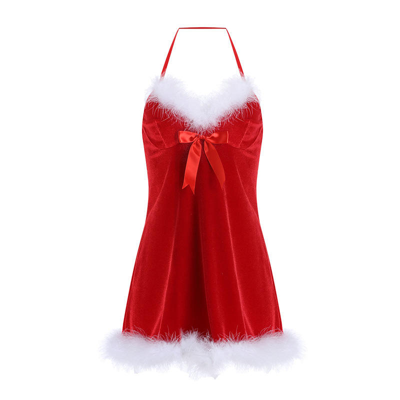 Bossman Christmas role playing babydoll dress with feather decoration lingeries womens sexy underwear