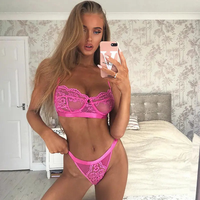 Bossman 2022 Custom Private Label Vendor Lingerie Sexy Hot Transparent Women Red Two Piece Lace Lingerie Set