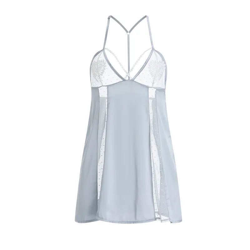 Bossman Bossman Women's Sleepwear Deep V Backless Dot Mesh Patchwork Satin Nighties Sexy