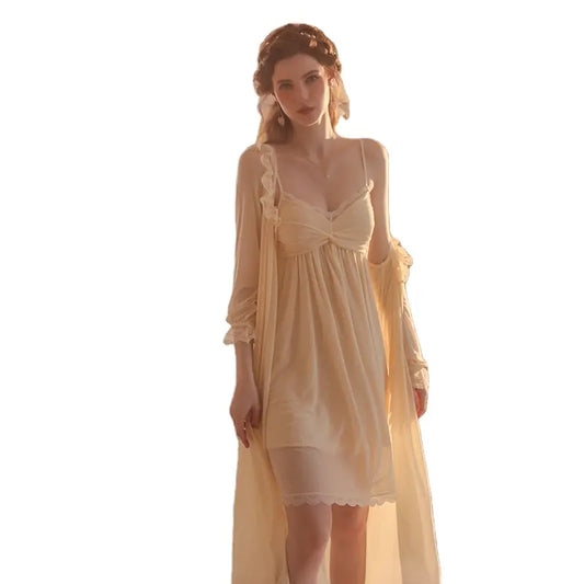 Bossman Sexy Solid Color Have Breast Cushion Pajamas Mesh Long Slip Nightdress Robe Home Suit Set