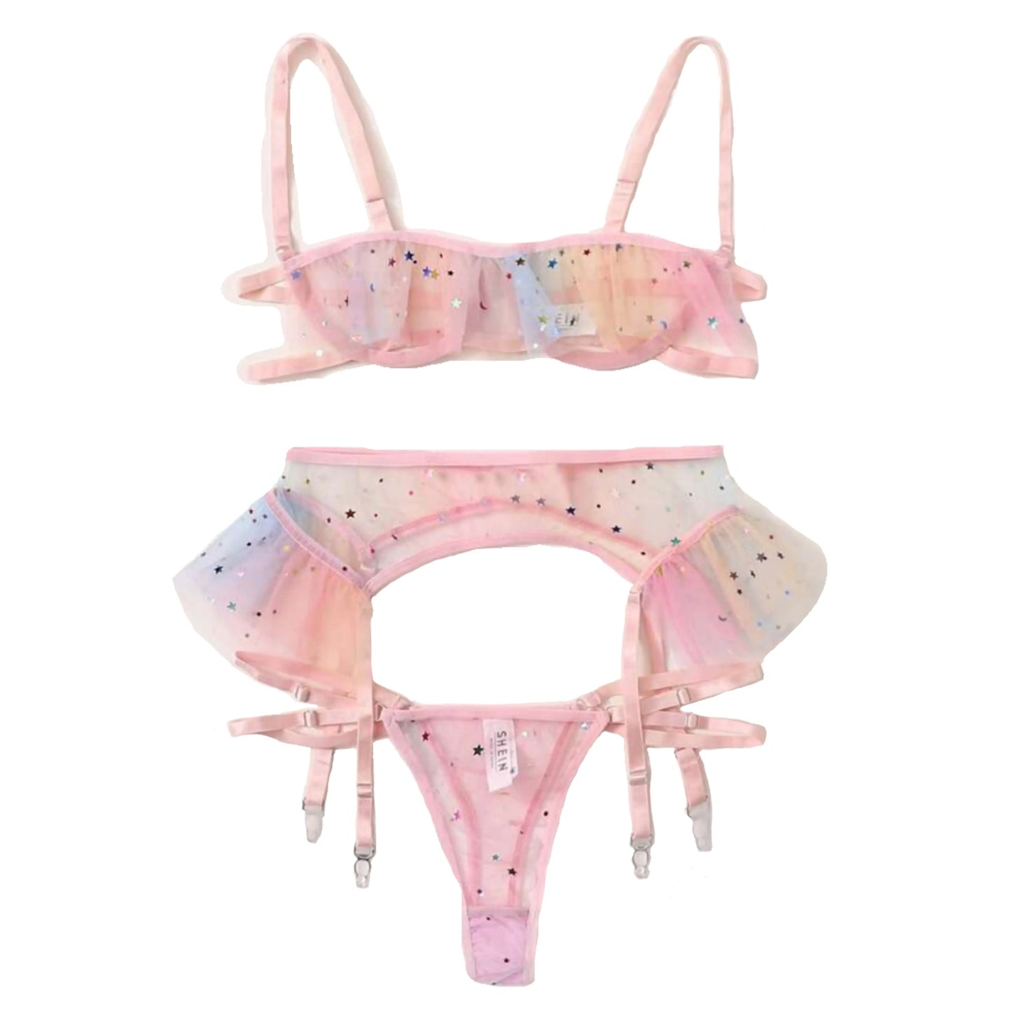 Bossman 2022 New Asia Style Pink Transparent Gauze Sexy Lingerie Underwear Bikini Sets With Garter For Women