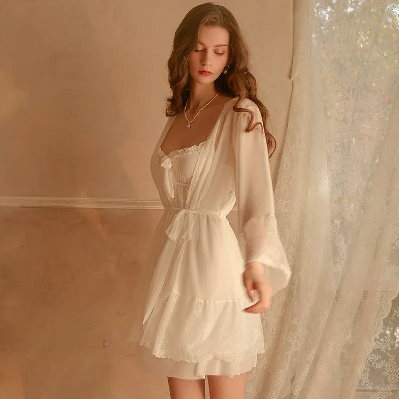 BOSMAY Euro- America luxury lounge wear women snow white flounce sweet night robe Valentines day gift