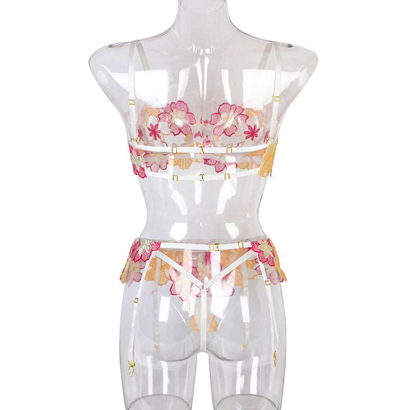 Bossman 2022 high quality flower embroidery mesh bra thong 3 piece lace lingerie set with garter