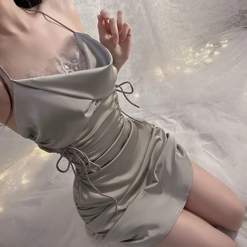 BOSMAY luxury sleepwear lace silk pleated slip dress women nighties sexy lounge wear Valentines day gift