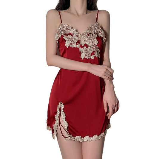 Bossman Euro-america Lounge Wear Women Silk Embroidery Lace Side Split Slips And Thong Sexy Nighties