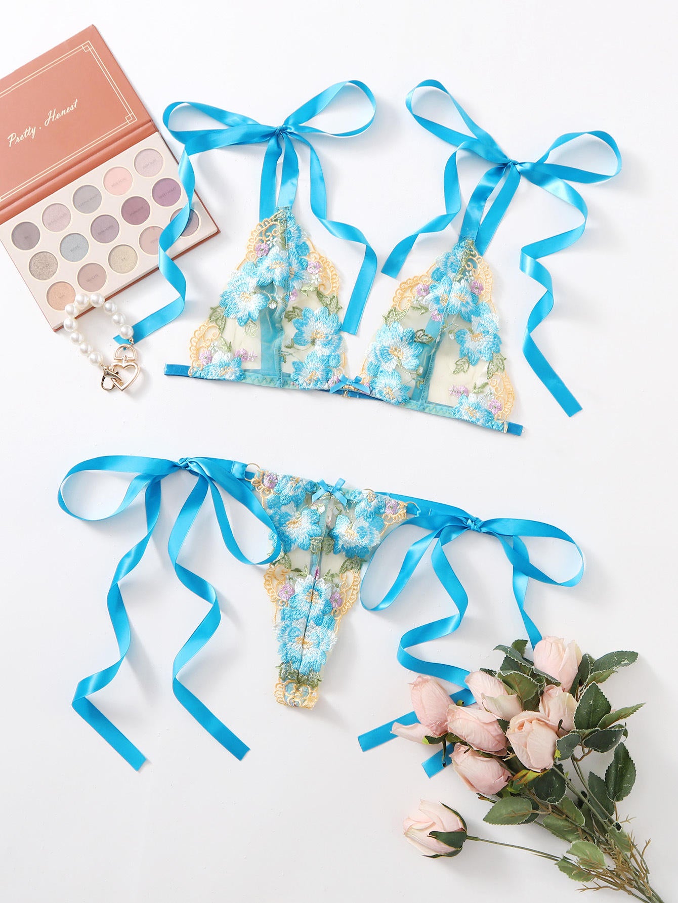 Bossman Blue Romantic Ribbon Temptation Three-Point Womens Panties Lace Underwear Sexy Plus Size Women's Underwear