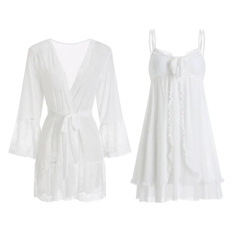 BOSMAY Euro- America luxury lounge wear women snow white flounce sweet night robe Valentines day gift