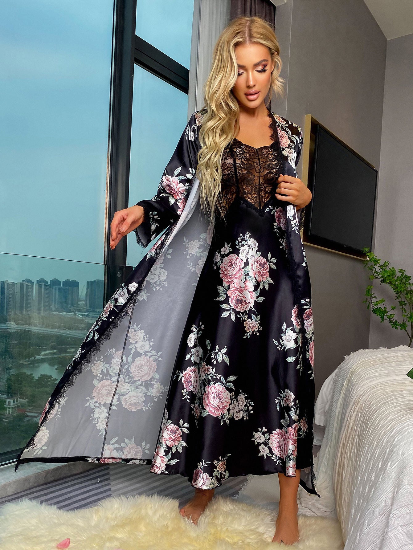 Bossman female lace lingerie long sleeve bathrobes with robe harness skirt and underwear