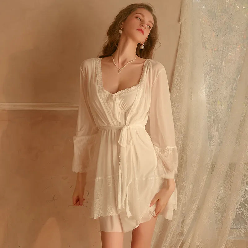 BOSMAY Euro- America luxury lounge wear women snow white flounce sweet night robe Valentines day gift