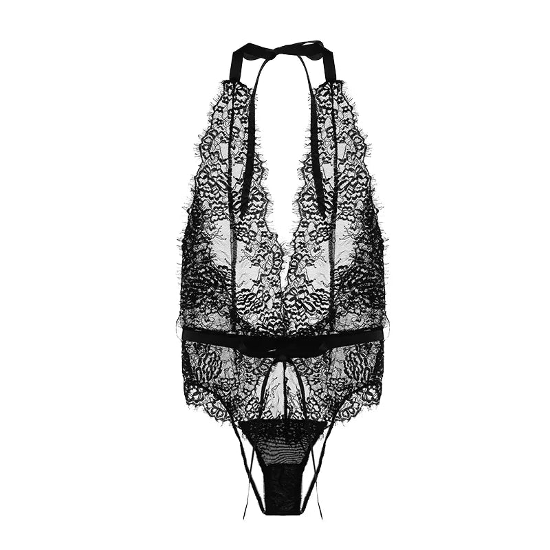 Bossman Women Snap Crotch Lingerie Sexy Lace Bodysuit Deep V Teddy One Piece Lace Mesh See ThrougLingerie Jumpsuit