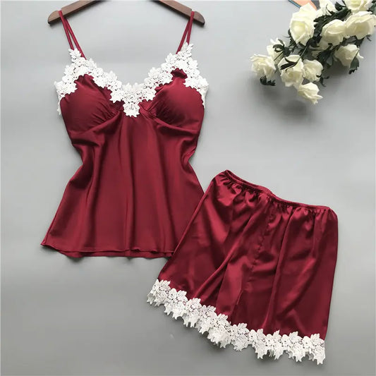 Bossman Female Sleeveless Satin camisole Pajama Set Sleepwear For Women Cute Cartoon Print Sexy Tank Shorts Camisole